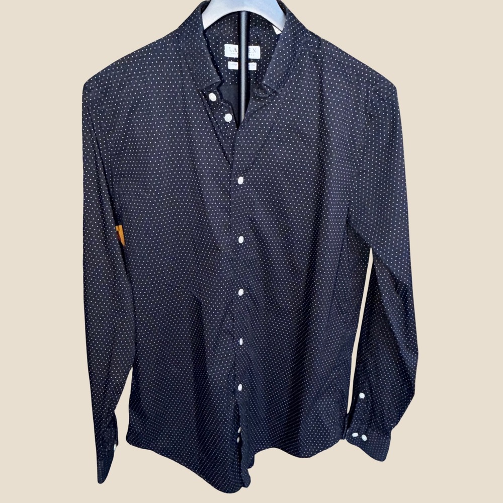Lauren Ralph Lauren Slim Fit Dress Shirt Mens 16 Black Polka Dot Stretch Button - Picture 2 of 9